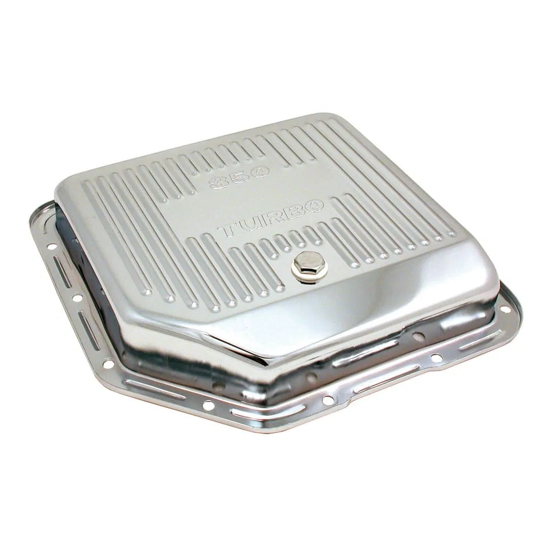 5450 – SPECTRE Auto Trans Oil Pan, GM Turbo 350 Stock Capacity Silver Triple Chrome Plated Steel With Drain Plug